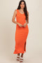Orange Ribbed Side Slit Maxi Dress
