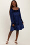 Navy Velvet Smocked Long Sleeve Dress