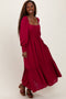 Burgundy Square Neckline Bubble Sleeve Maxi Dress