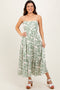 Light Olive Printed Cutout Tie Back Tiered Midi Dress