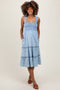 Light Blue Chambray Smocked Ruffle Tiered Maternity Midi Dress