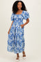 Blue Multi Printed Floral Square Neck Midi Dress
