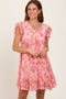 Pink Floral Chiffon Ruffle Short Sleeve Dress