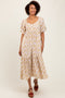 Cream Floral Sweetheart Puff Sleeve Midi Dress