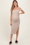 Mocha Striped Ribbed Off Shoulder Maternity Midi Dress