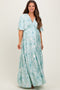 Sage Floral Short Sleeve Deep V-Neck Tiered Maternity Maxi Dress