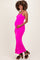 woman wearing a bright pink sleeveless maternity dress and showing her baby bump