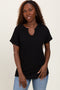 Black Ribbed Notched Neckline Top