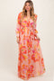 Peach Floral Chiffon Sash Tie Wrap Maxi Dress