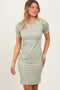 Light Olive Floral Ribbed Puff Sleeve Fitted Dress