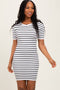 White Striped Ribbed Knit Short Sleeve Mini Dress
