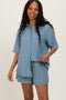 Blue Linen Blend Short Sleeve Shirt Shorts Set