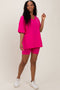 Fuchsia Oversized V-Neck Biker Short Set