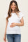 woman wearing a white short sleeve maternity top and holding her baby bump