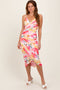 Pink Floral Ruched Tulip Hem Midi Dress