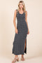 Black Striped Ribbed Sleeveless Side Slit Maxi Dress