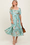 Mint Floral Pleated Bust Puff Sleeve Midi Dress