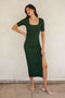 Forest Green Ribbed Short Sleeve Side Slit Midi Dress
