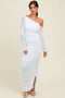 White Ruched Mesh One Shoulder Long Sleeve Maxi Dress