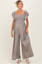 Light Taupe Floral Smocked Lace Trim Wide Leg Maternity Jumpsuit