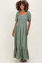 Light Olive Floral Lace Trim Smocked Maternity Maxi Dress
