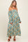 woman wearing a floral off-the-shoulder maternity maxi dress with bell sleeves and a flowing fit