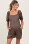 Mocha Plaid Square Neck Puff Sleeve Maternity Romper