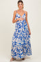 Blue Floral Tiered Sleeveless Sash Tie Maternity Maxi Dress