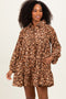 Brown Floral Print Shirring Half Buttoned Shirt Dress