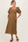 Camel Ribbed Puff Sleeve Tie Back Maternity Midi Dress