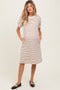 Mocha Striped Puff Sleeve Maternity Midi T-Shirt Dress