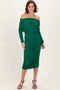 Forest Green Ruched Mesh Off Shoulder Long Sleeve Midi Dress