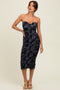 Charcoal Mesh Velvet Strapless Ruched Midi Dress