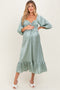Light Olive Satin Smocked Cinched Bust Maternity Midi Dress