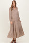 Taupe Plaid Tie Collar Tiered Maternity Maxi Dress
