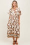 Mocha Floral V-Neck Button Detail Mid Dress