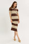 Brown Ribbed Striped Knit Polo Midi Dress