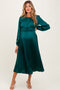 Forest Green Pleated Satin Smocked Waist Maternity Midi Dress