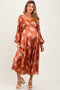 Rust Satin Floral Bubble Sleeve Maternity Midi Dress