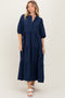Navy Textured Tiered Puff Sleeve Midi Dress