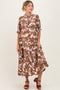 Brown Leaf Print Tiered Maternity Midi Dress
