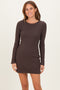 Brown Ribbed Long Sleeve Short Dress