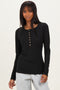 Black Solid Ribbed Long Sleeve Button Down Tunic Top