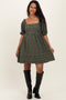 Olive Floral Corduroy Puff Sleeve Babydoll Mini Maternity Dress