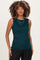 woman wearing a teal sleeveless maternity top with gathered detailing and a shiny finish, small baby bump visible