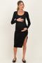 Black Knit Square Neck Slit Maternity Midi Dress