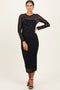 Black Rhinestone Mesh Long Sleeve Midi Dress
