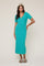 woman wearing a turquoise ribbed midi dress with short sleeves and crochet trim details