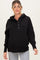 woman wearing a black maternity hoodie with a buttoned neckline and a relaxed fit, showing her baby bump