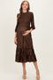 Brown Pleated Satin Smocked Bodice Maternity Midi Dress